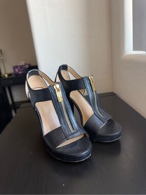 Michael Kors Black Open-Toe Platform Heels with Gold Zipper